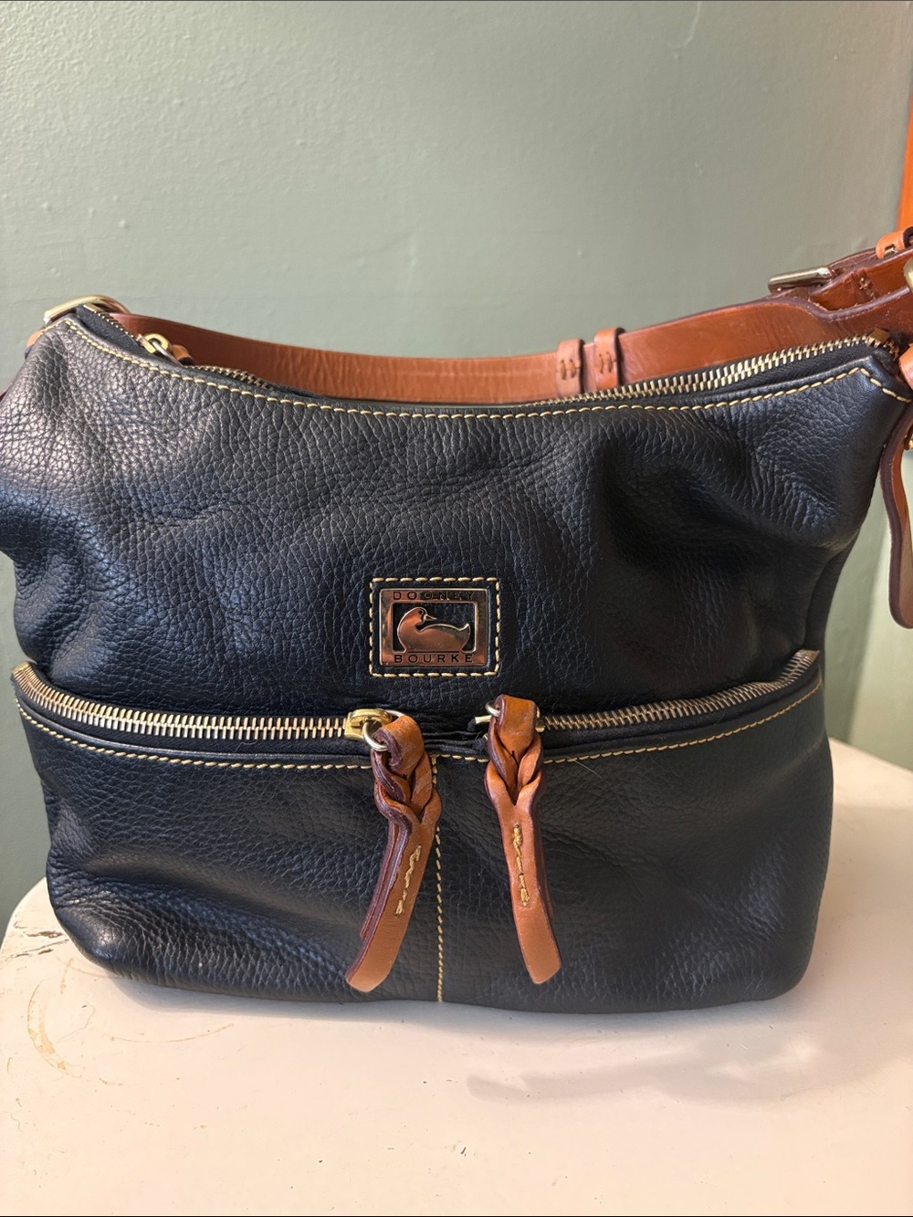 Dooney & Bourke Black Leather Shoulder Bag with Brown Trim
